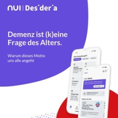 Smartphone mit der NUI-Pflege-App und Logos von Desideria und NUI