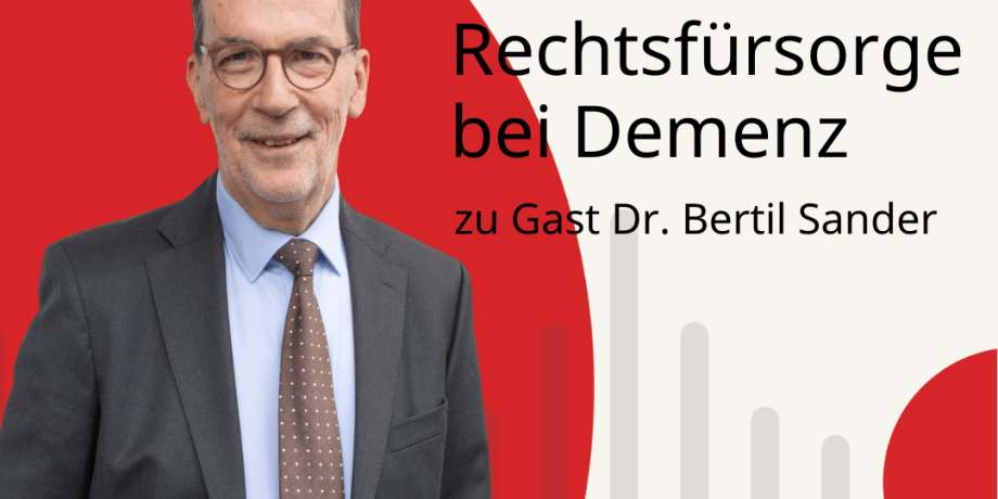 Podcastcover mit einem Mann in Anzug zum Thema Rechtsfürsroge bei Demenz