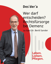 Podcastcover mit einem Mann in Anzug zum Thema Rechtsfürsroge bei Demenz
