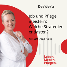Frau vor rotem Hintergrund auf Podcastcover Demenz 