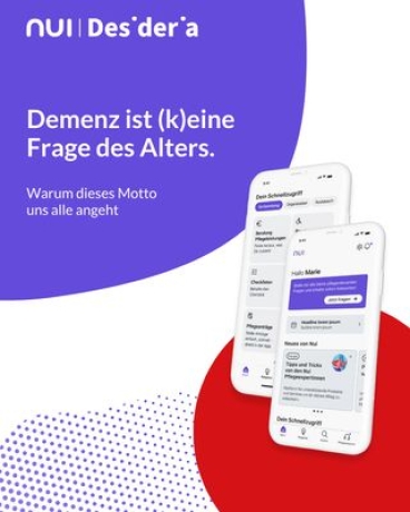 Smartphone mit der NUI-Pflege-App und Logos von Desideria und NUI
