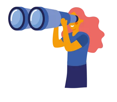 Illustration einer Frau mit langen Haaren, die durch ein großes blauen Fernglas schaut