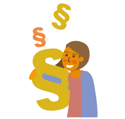 Illustration einer Frau mit Paragraphen der Rechtsfürsorge