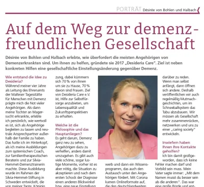 Zeitungsartikel mit dem Titel „Auf dem Weg zur demenzfreundlichen Gesellschaft“. Enthält ein Portraitfoto einer Frau sowie Textpassagen zu gesellschaftlichem Wandel, Inklusion und Demenzsensibilität.