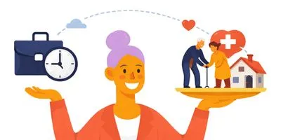 Symbolische Darstellung einer Frau, die Care-Arbeit und Job ausbalanciert