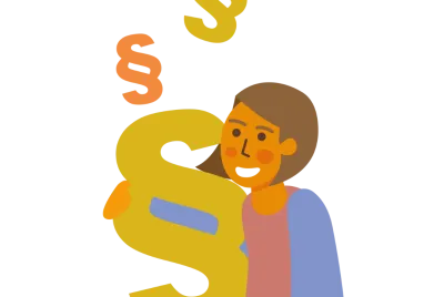 Illustration einer Frau mit Paragraphen der Rechtsfürsorge