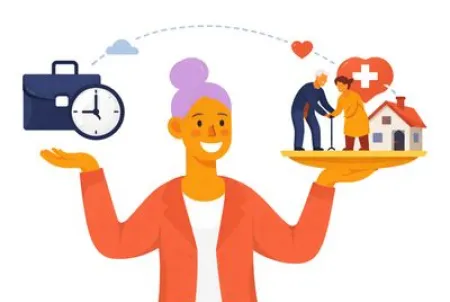 Symbolische Darstellung einer Frau, die Care-Arbeit und Job ausbalanciert