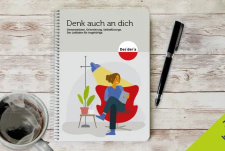 Broschüre 'Demenz neu sehen' von Desideria Care auf Holztisch, daneben Tasse Kaffee und schwarzer Stift.