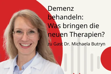 Podcastcover - eine Frau mit Brille im Artzkittel lächelt